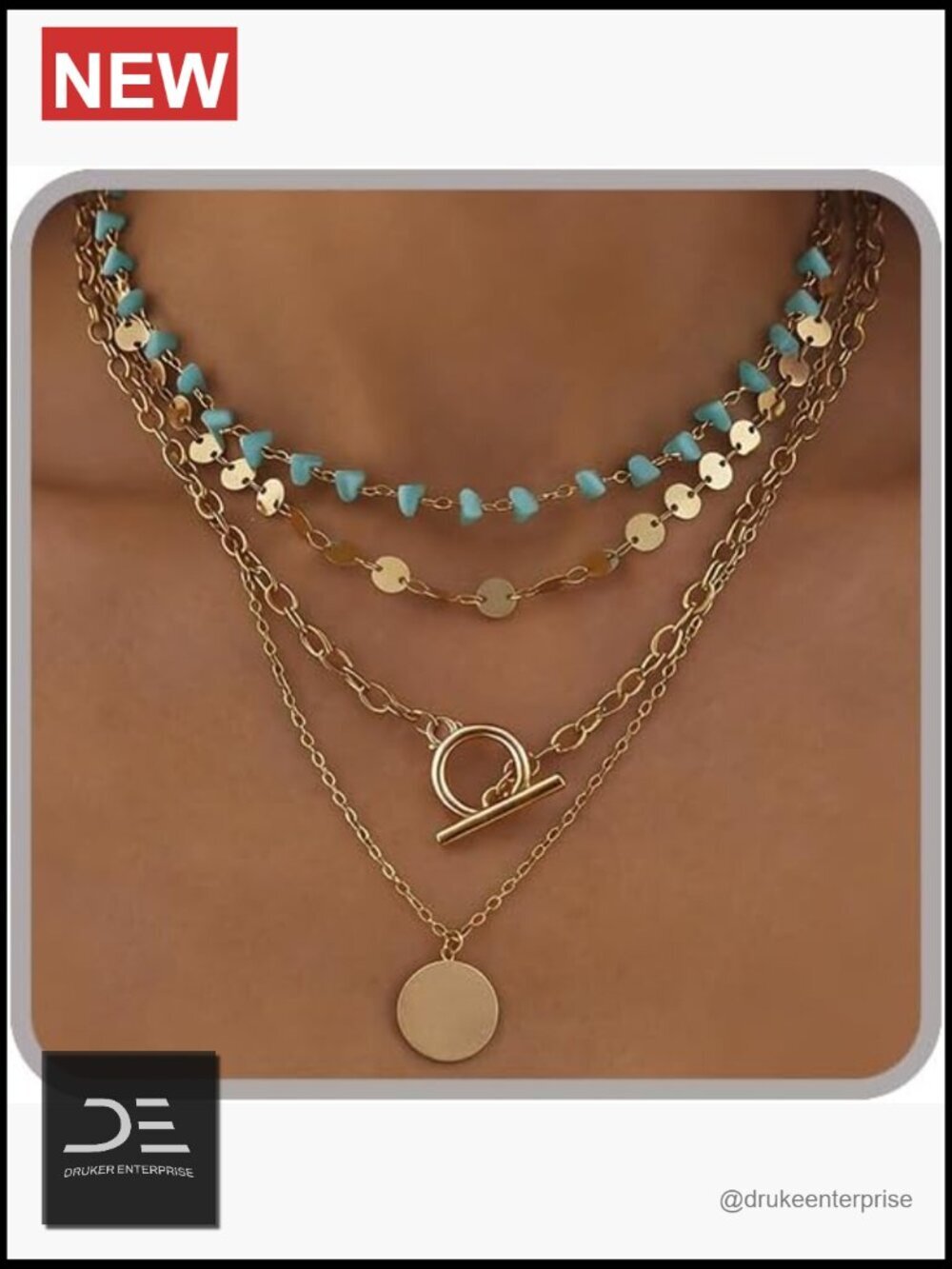 Layered Turquoise Beaded Choker Necklace Set with Coin Pendant, Zinc Alloy